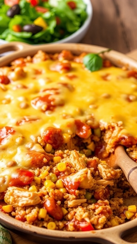 BBQ chicken quinoa casserole with melted cheese, corn, and bell peppers in a rustic baking dish.